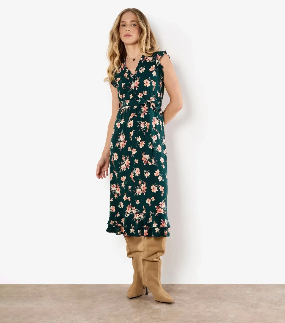 Women's Green Floral Print Midi Dress