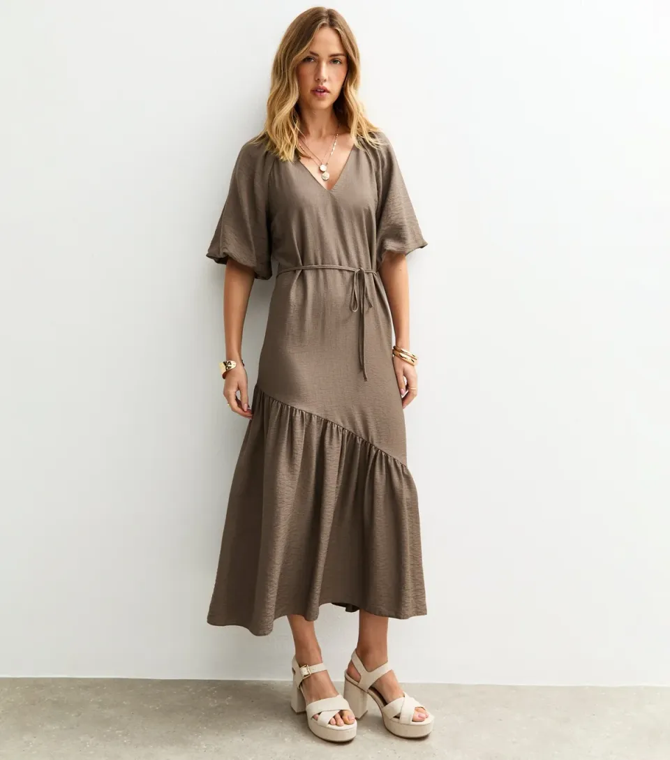 Women's Dark Brown Asymmetrical Puff Sleeve Midi Dress