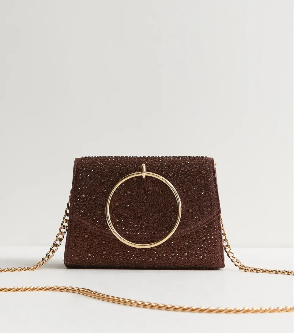 Dark Brown Gem Embellished Circular Handle Clutch Bag