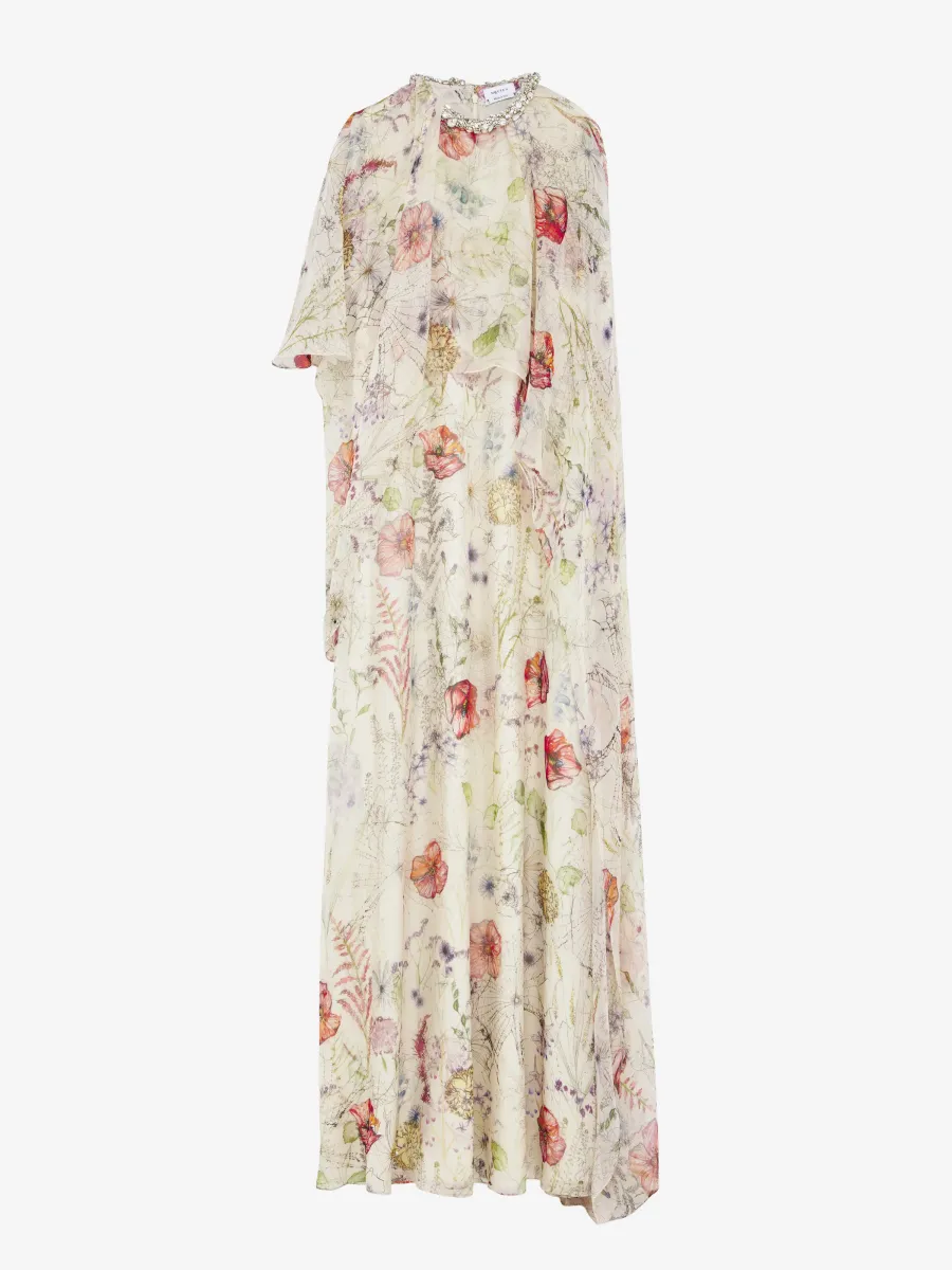 Meadow Floral Print Asymmetric Cape Dress