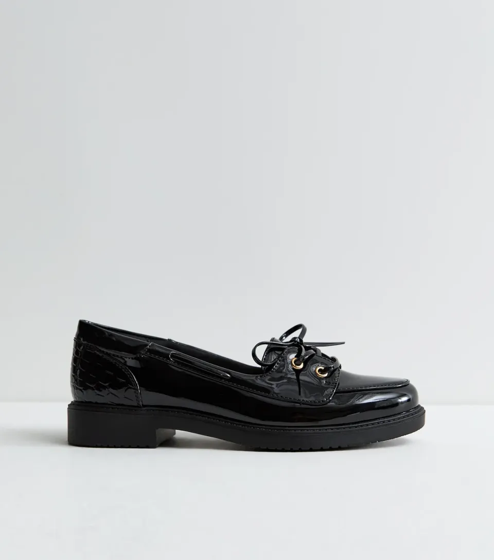 Women's Black Patent Faux Leather Lace Up Loafers Vegan