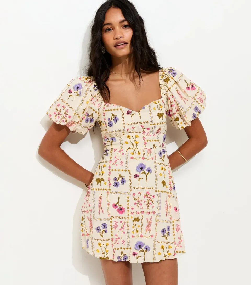 Women's Cream Botanical Print Milkmaid Mini Dress