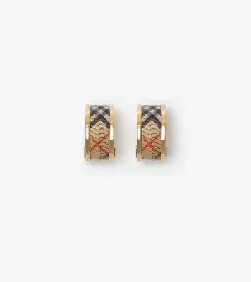 Check Print Hoop Earrings in Gold/sand beige
