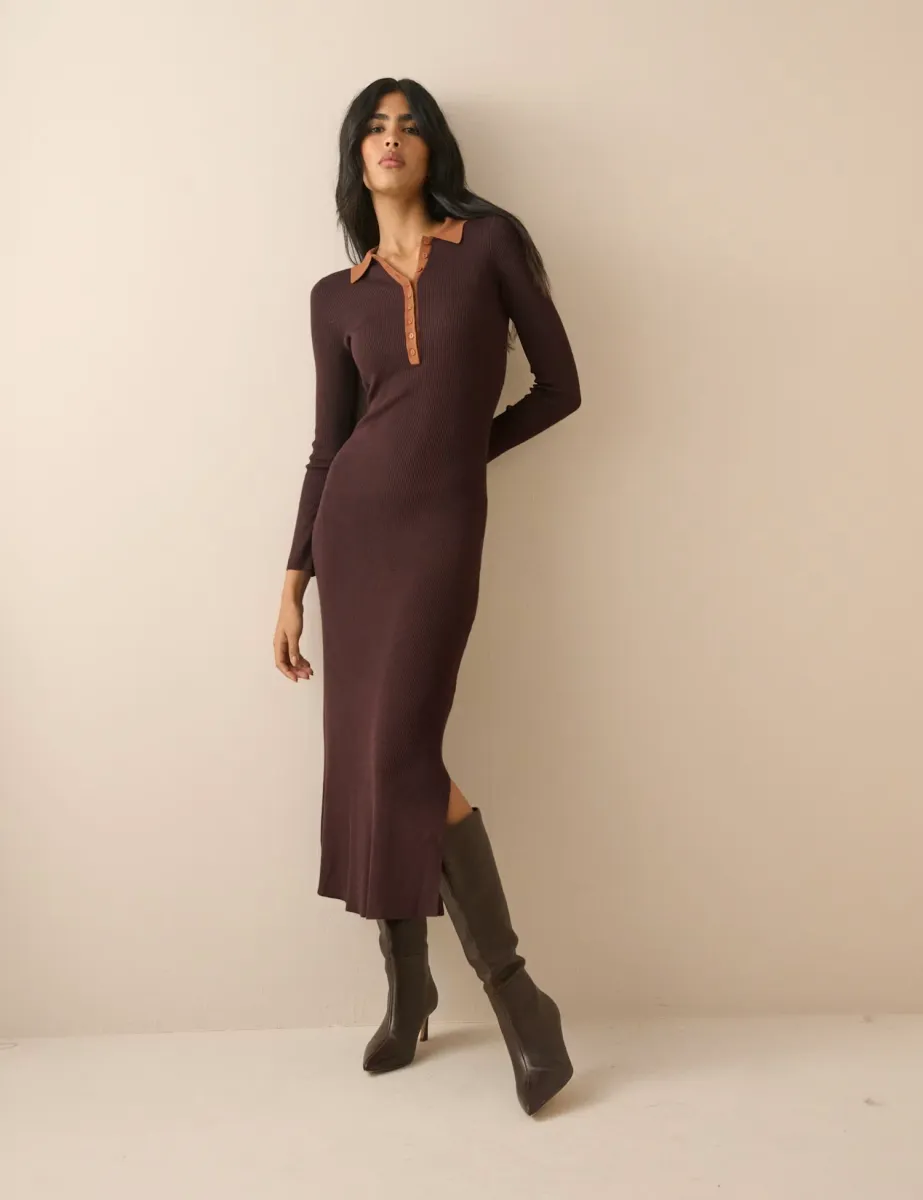 Ribbed Midi Bodycon Dress Brown