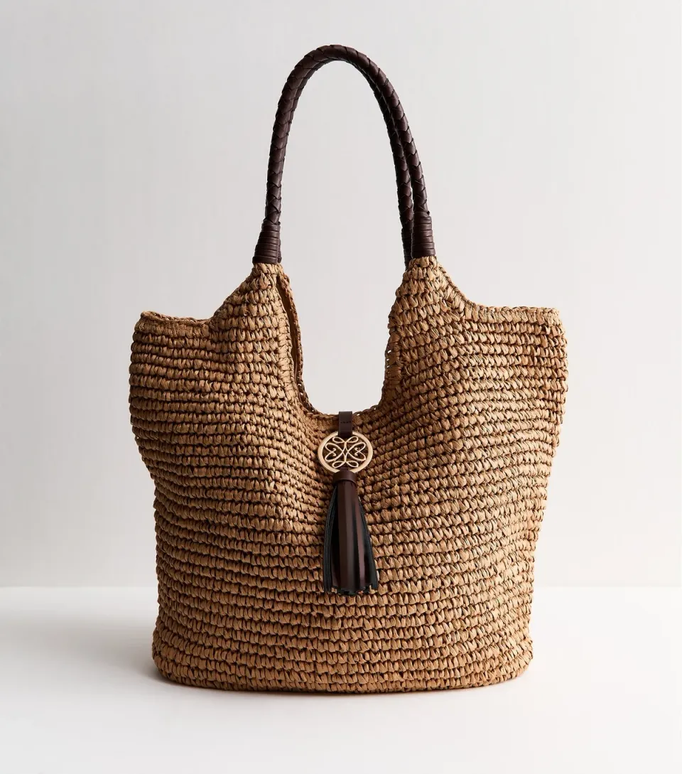 Dark Brown Woven Plaited Handle Hobo Bag