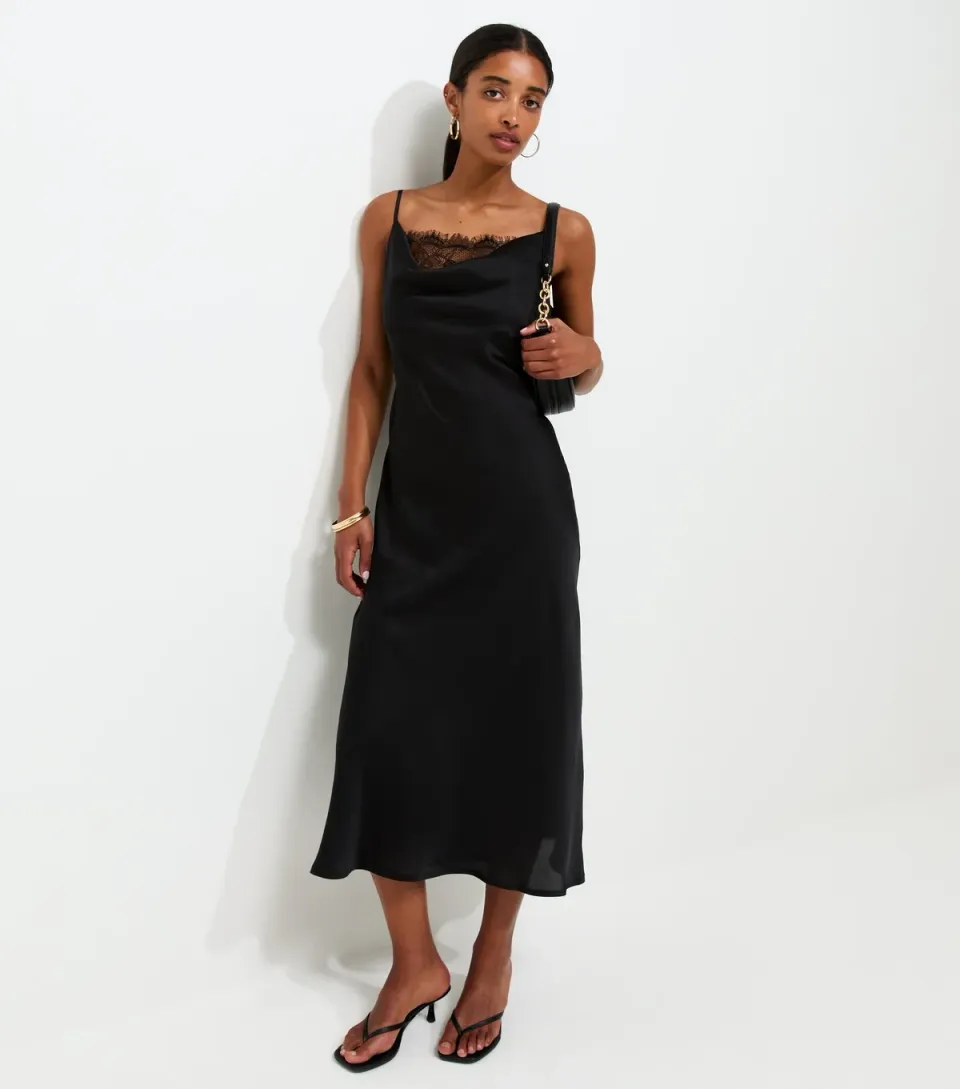 Women's Black Satin Lace Cowl Neck Strappy Midi Dress