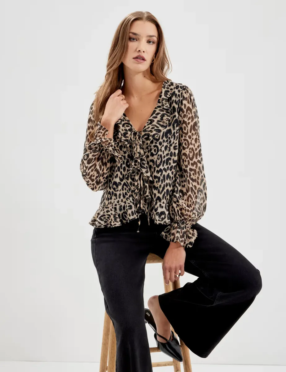Chiffon Animal Print V Neck Tie Front Blouse