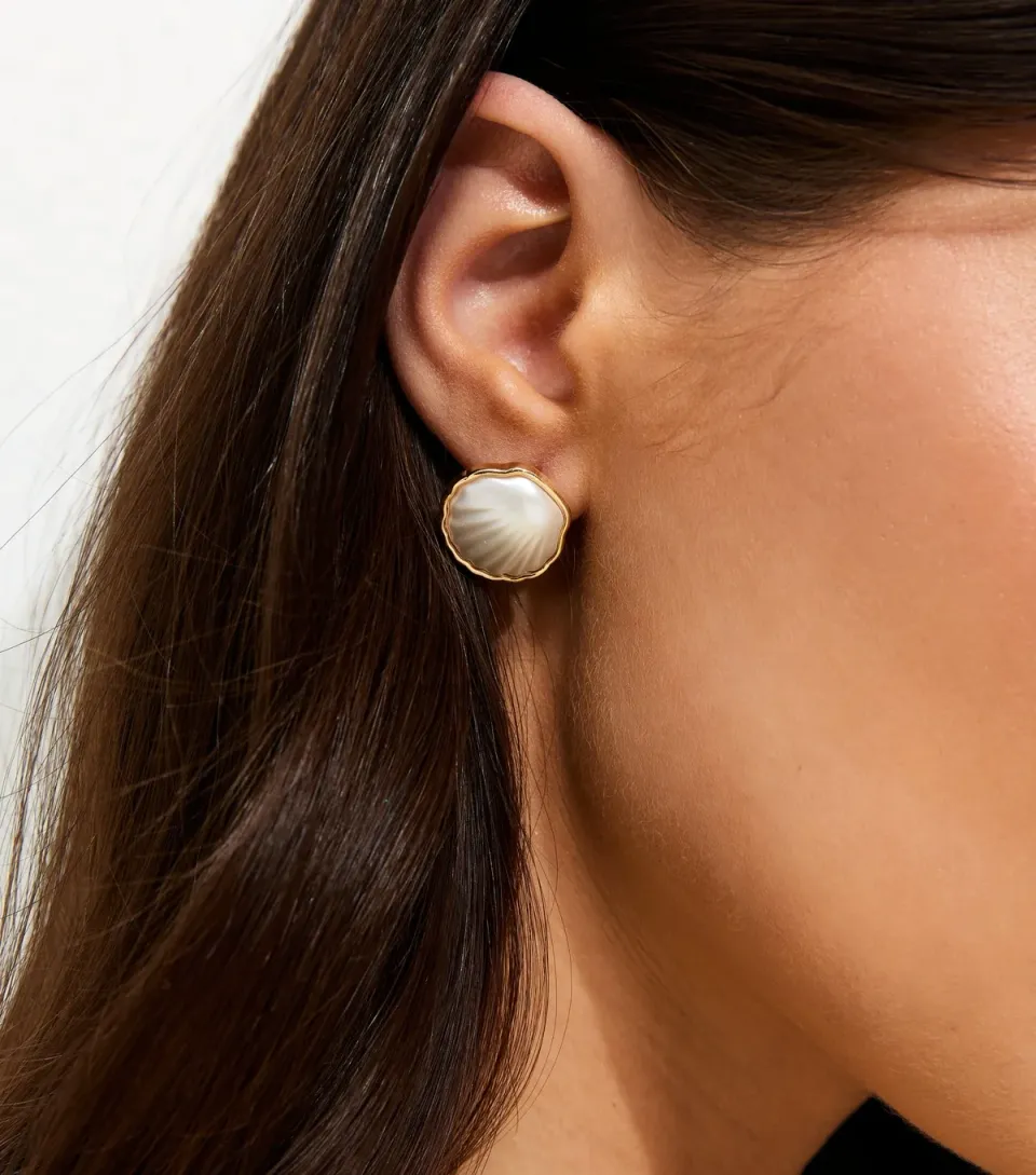 Gold Tone Faux Pearl Shell Stud Earrings