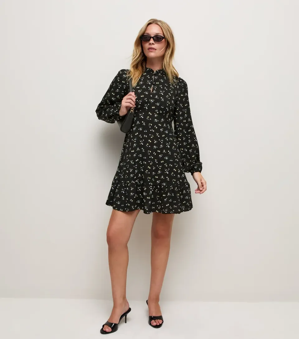 Women's Black Frill Trim Long Sleeve Ditsy Print Button Mini Dress