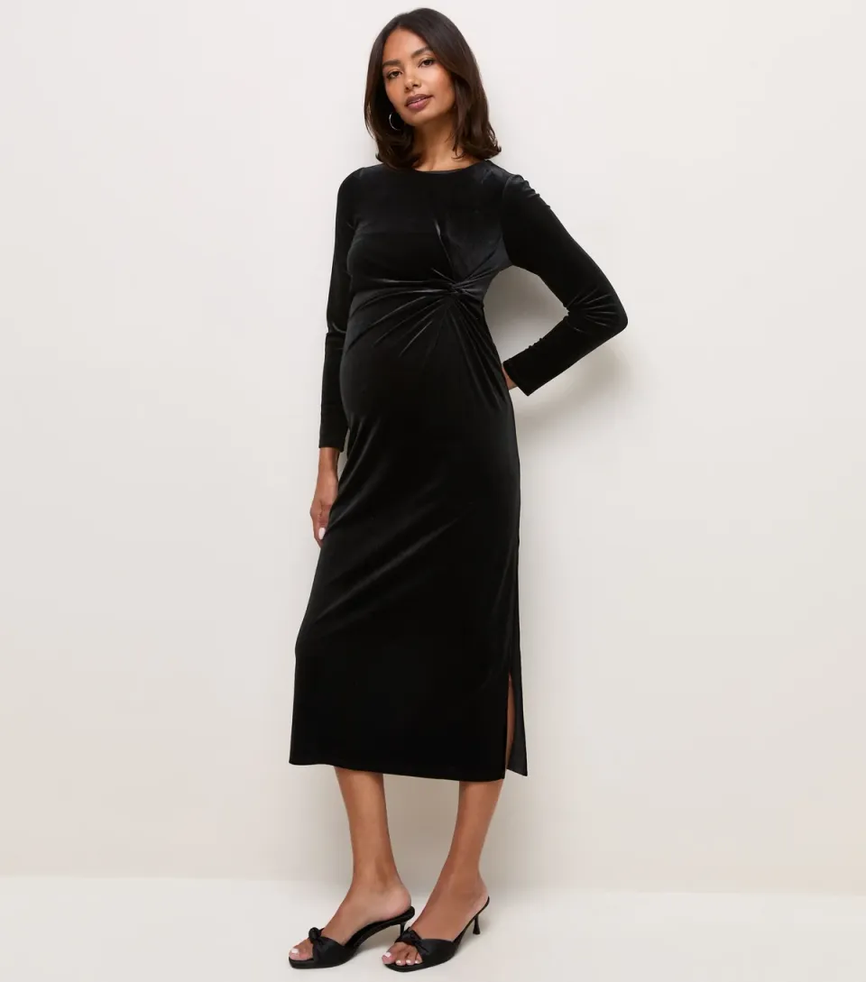 Women's Maternity Black Velvet Knot Front Midi Dress