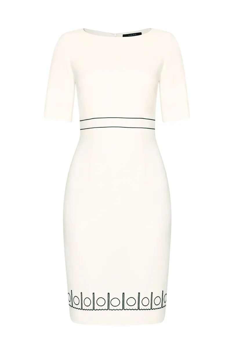 Ivory/Black Wool Faille Short Sleeved Dress with Waistband Detail - Anita