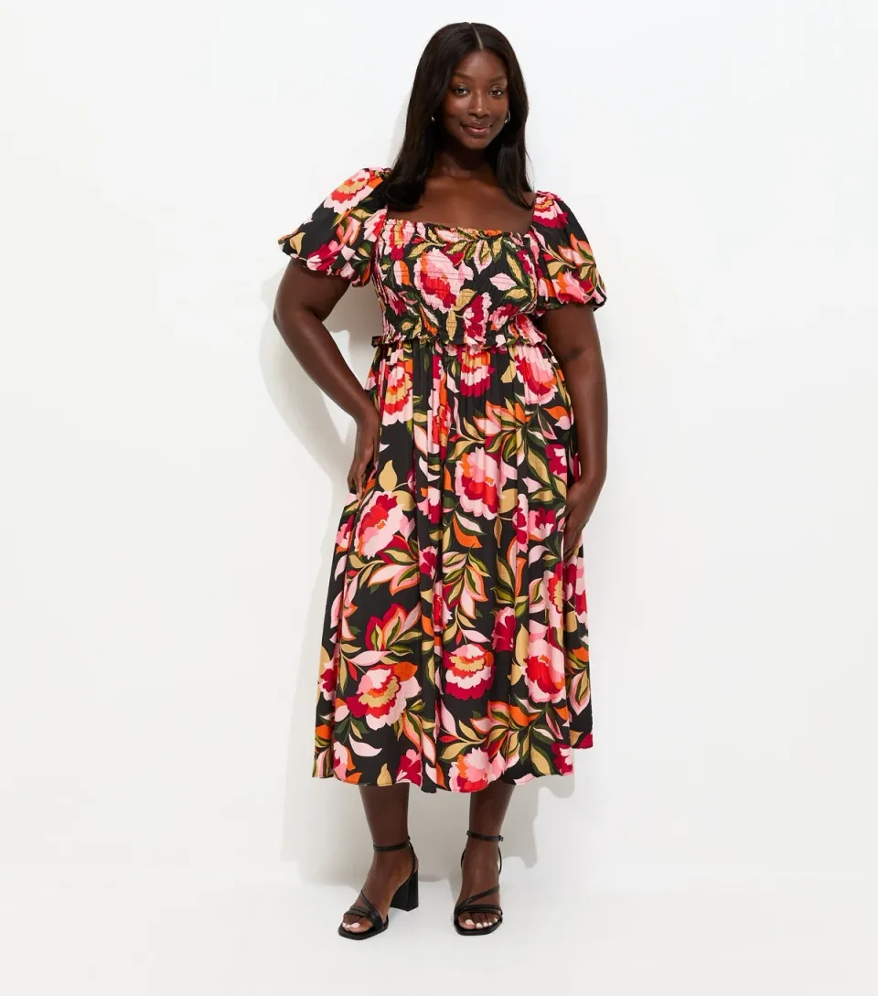 Women's Plus Size Black Floral Print Milkmaid Midi Dress Curves