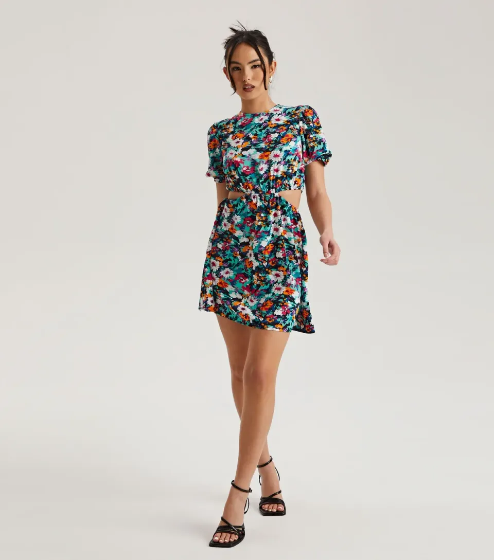 Women's Black Floral Print Cut Out Mini Dress