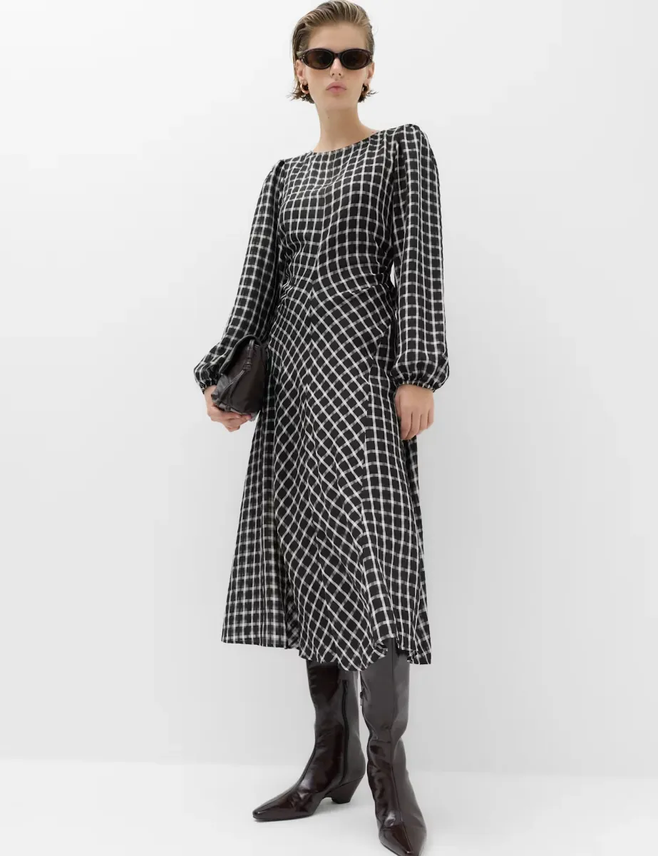 Checked Blouson Sleeve Midaxi Dress Black Mix