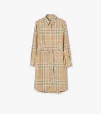 Check Cotton Shirt Dress in Flax beige