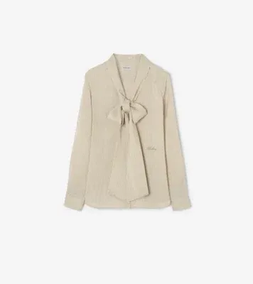 Striped Silk Scarf Blouse in Dune beige/chalk white
