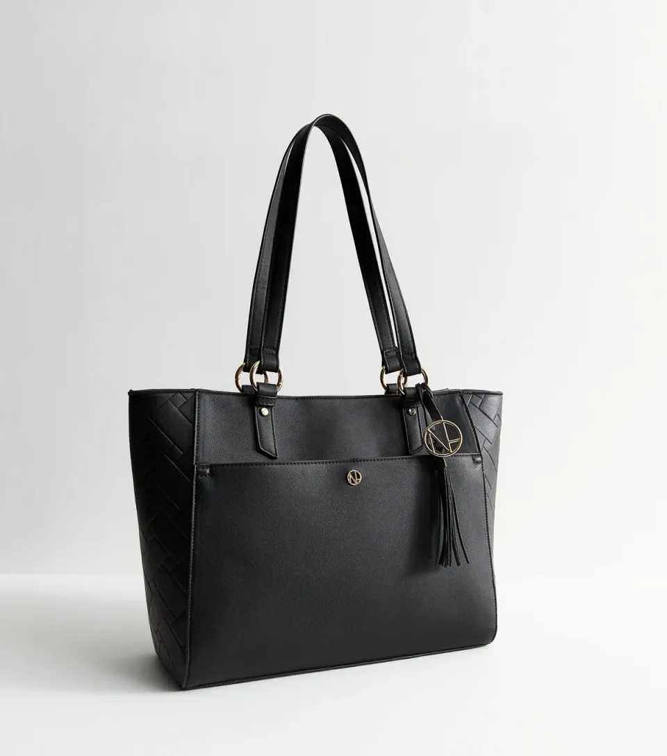 Black Faux Leather Embossed Tote Bag Vegan