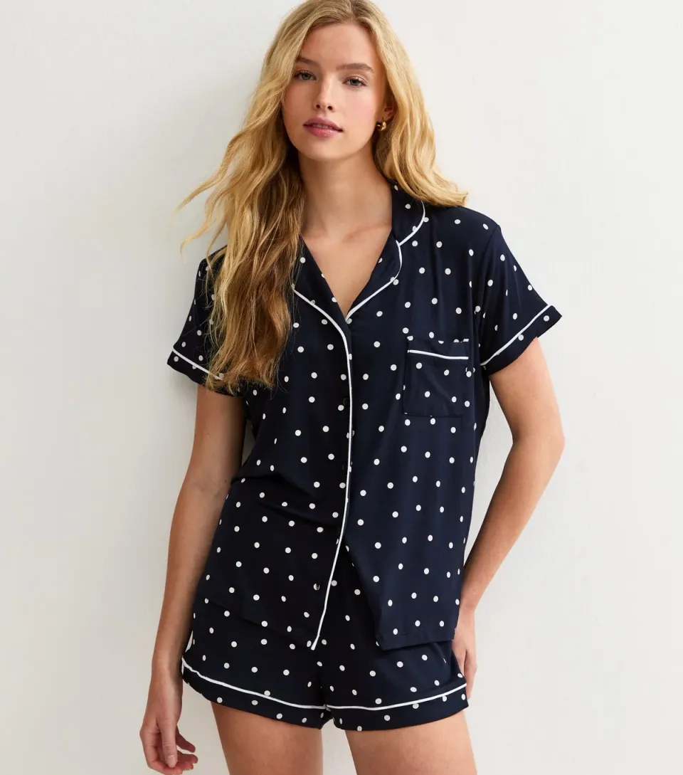 Women's Navy Jersey Polka Dot Shirt and Shorts Pyjama Set