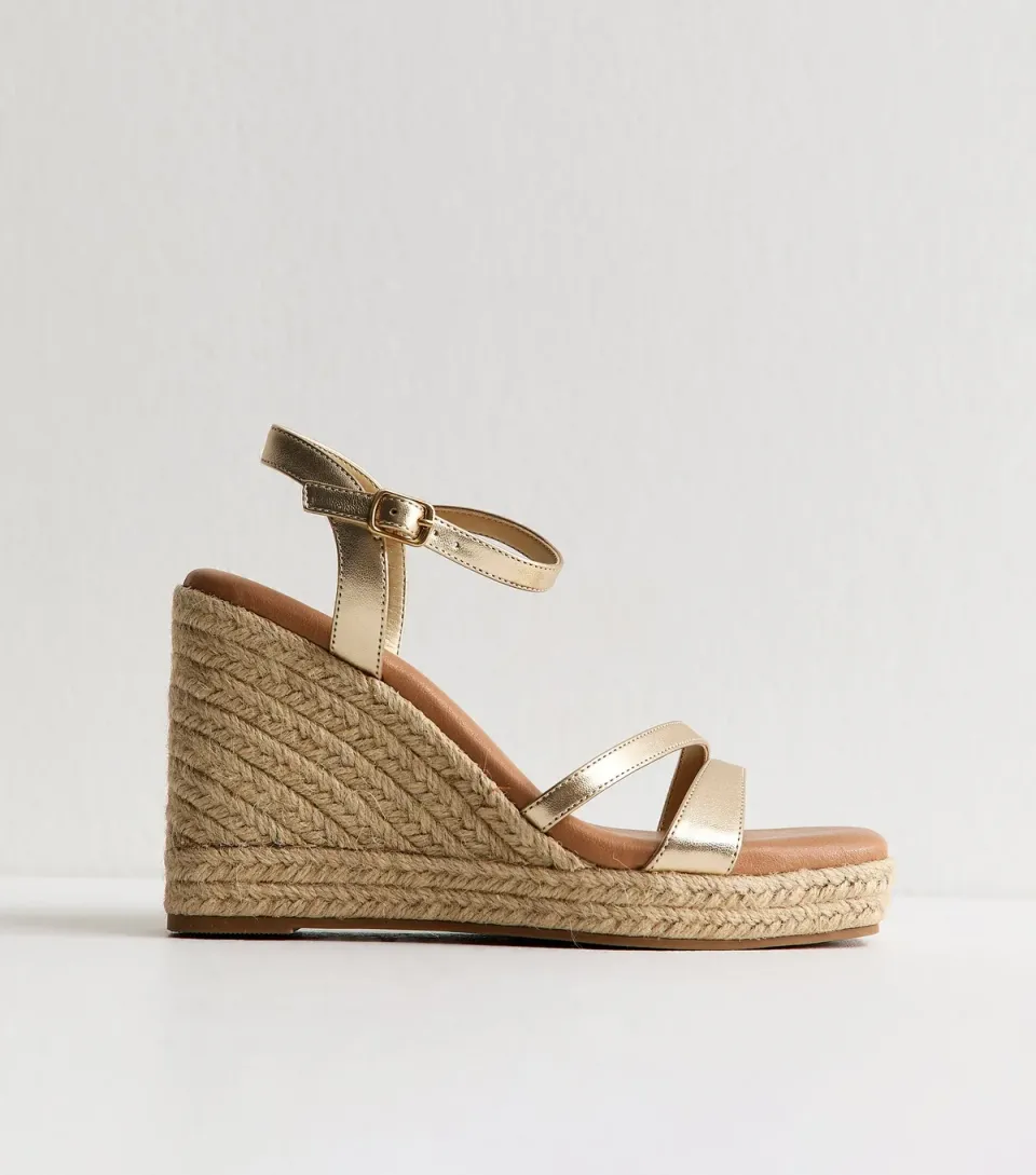 Women's Gold Faux Leather Double Strap Wedge Sandals Vegan