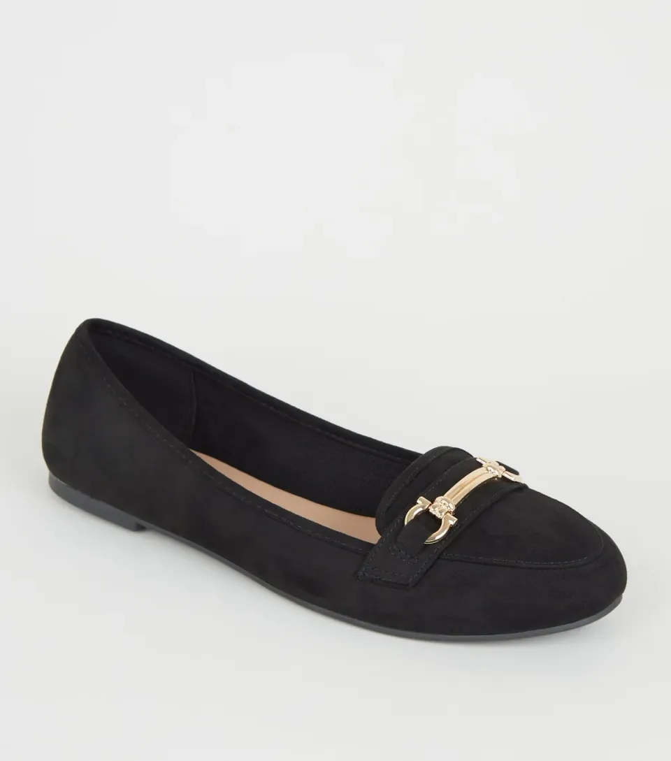 Women's Black Suedette Metal Bar Front Loafers Vegan