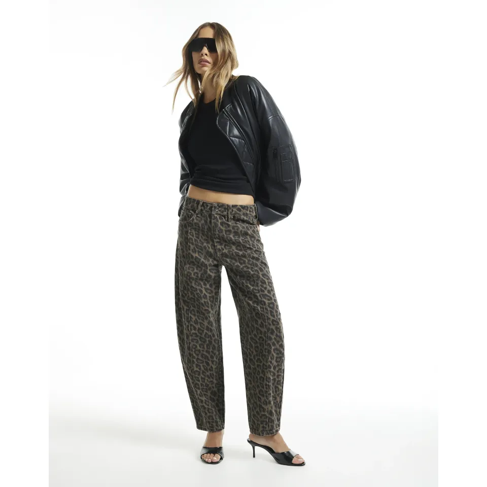 Leopard Print Mid Rise Barrel Leg Jeans