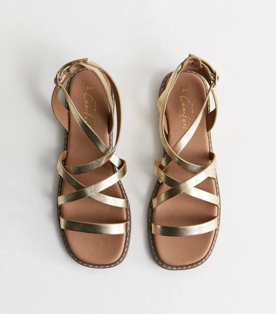 Women's Gold Faux Leather Multi Strap Flat Sandals Vegan
