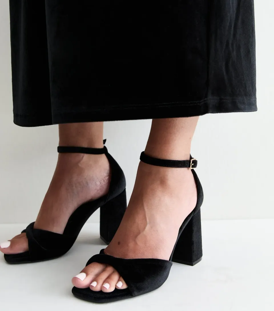 Women's Black Velvet Twist Strap Block Heel Sandals Vegan