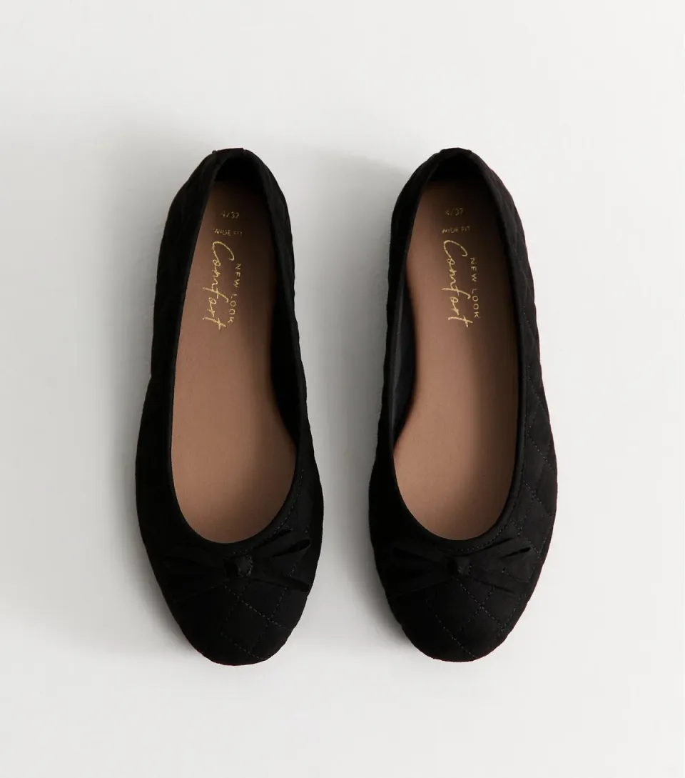 Women's Wide Fit Black Faux Suede Quilted Ballerina Flats Vegan