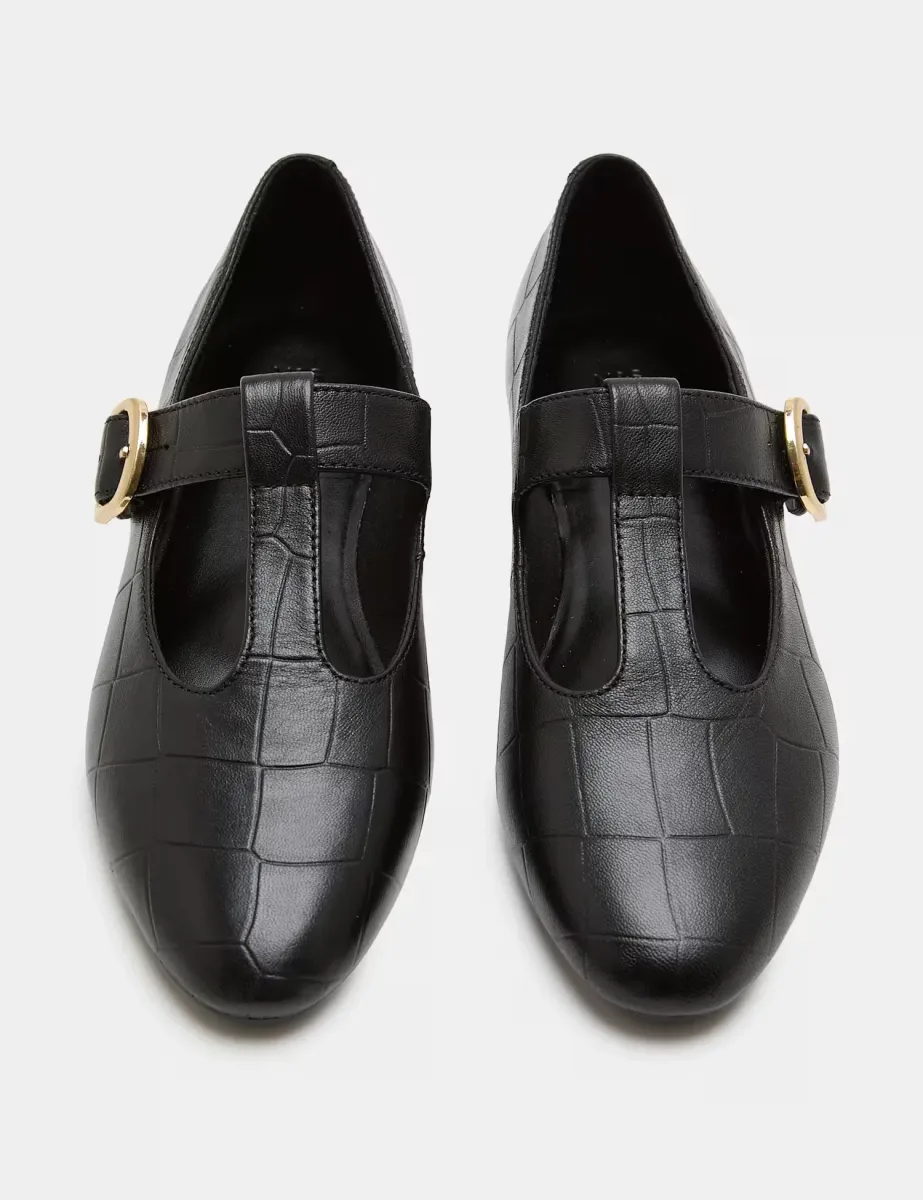 Leather Croc T-Bar Flat Mary Jane Ballet Pumps