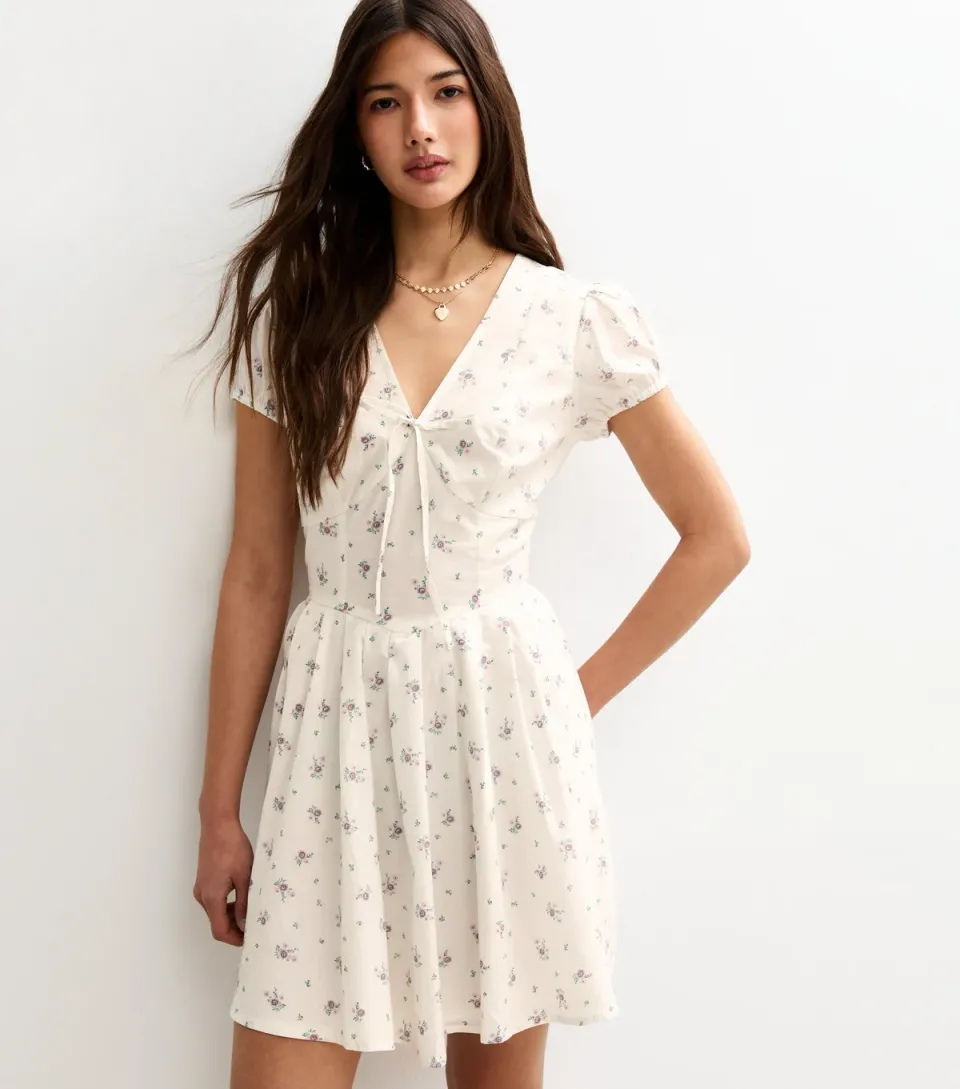 Women's White Ditsy Print Fitted Waist Mini Dress