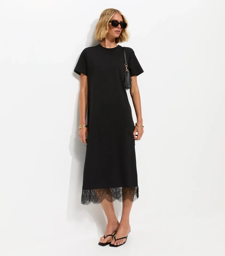 Women's Black Lace Hem T-Shirt Midi Dress
