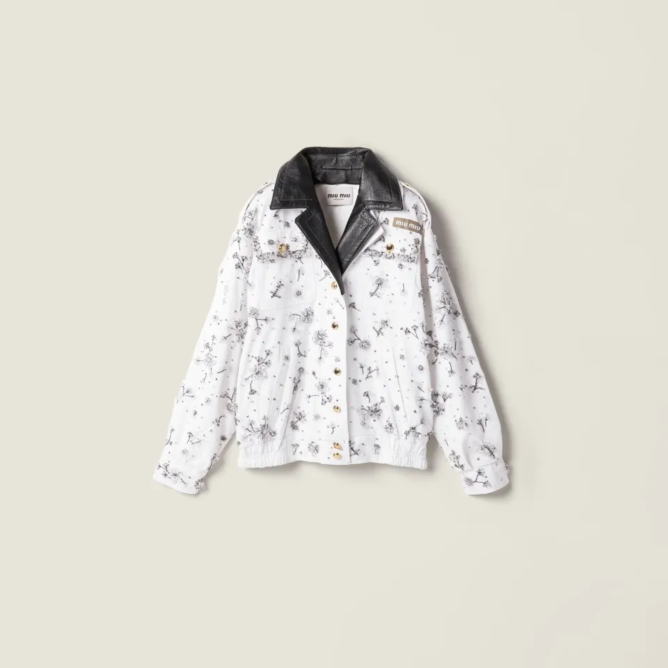 Embroidered gabardine and leather blouson jacket