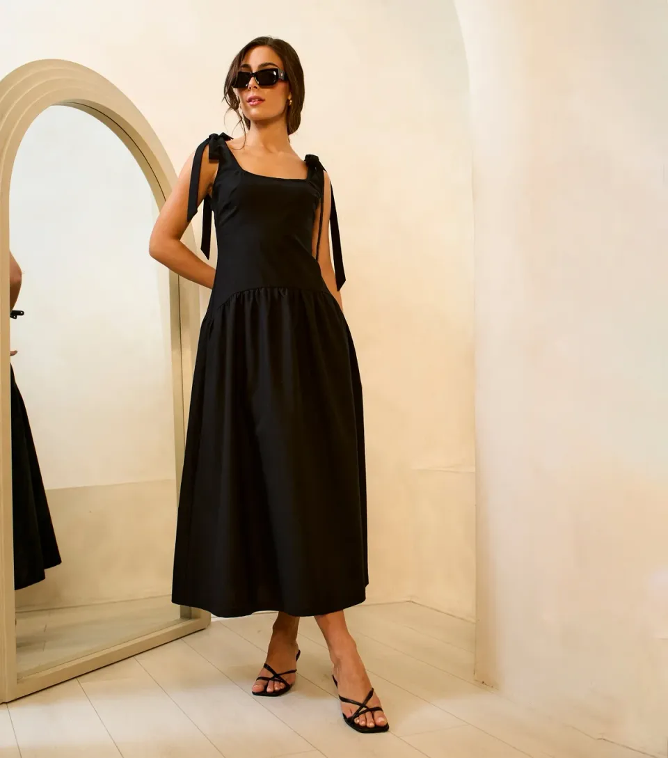 Women's Black Linen Mix Waist Midi Dress