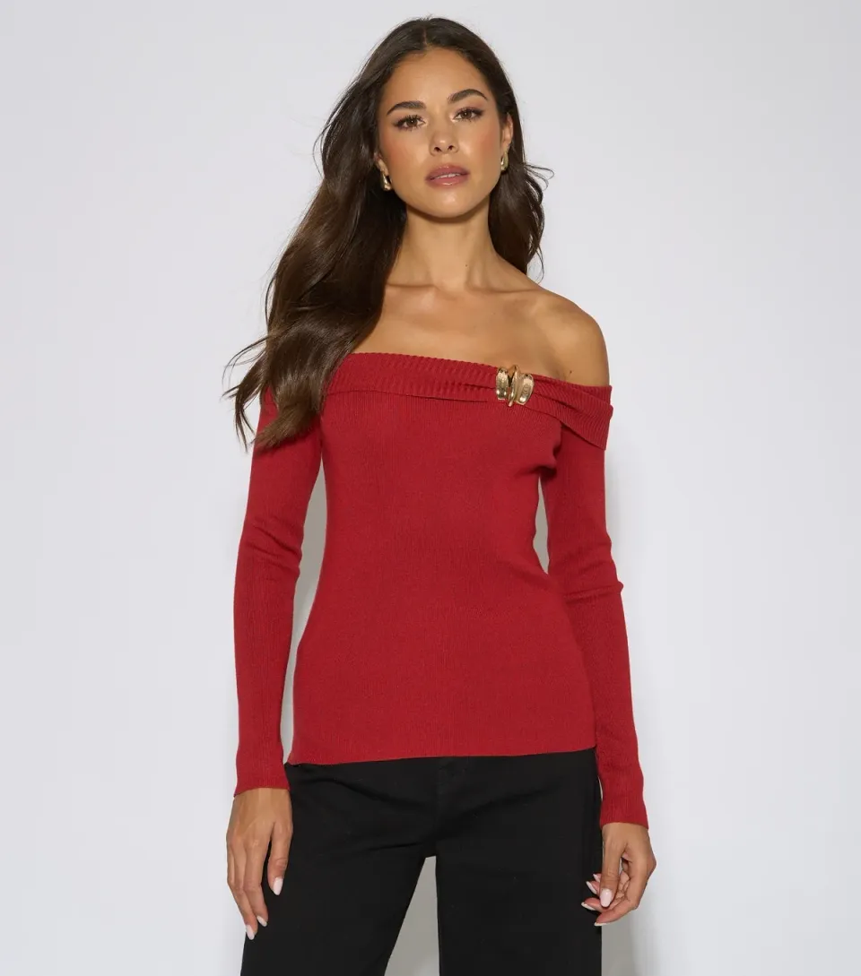 Women's Dark Red Bardot Button Detail Top