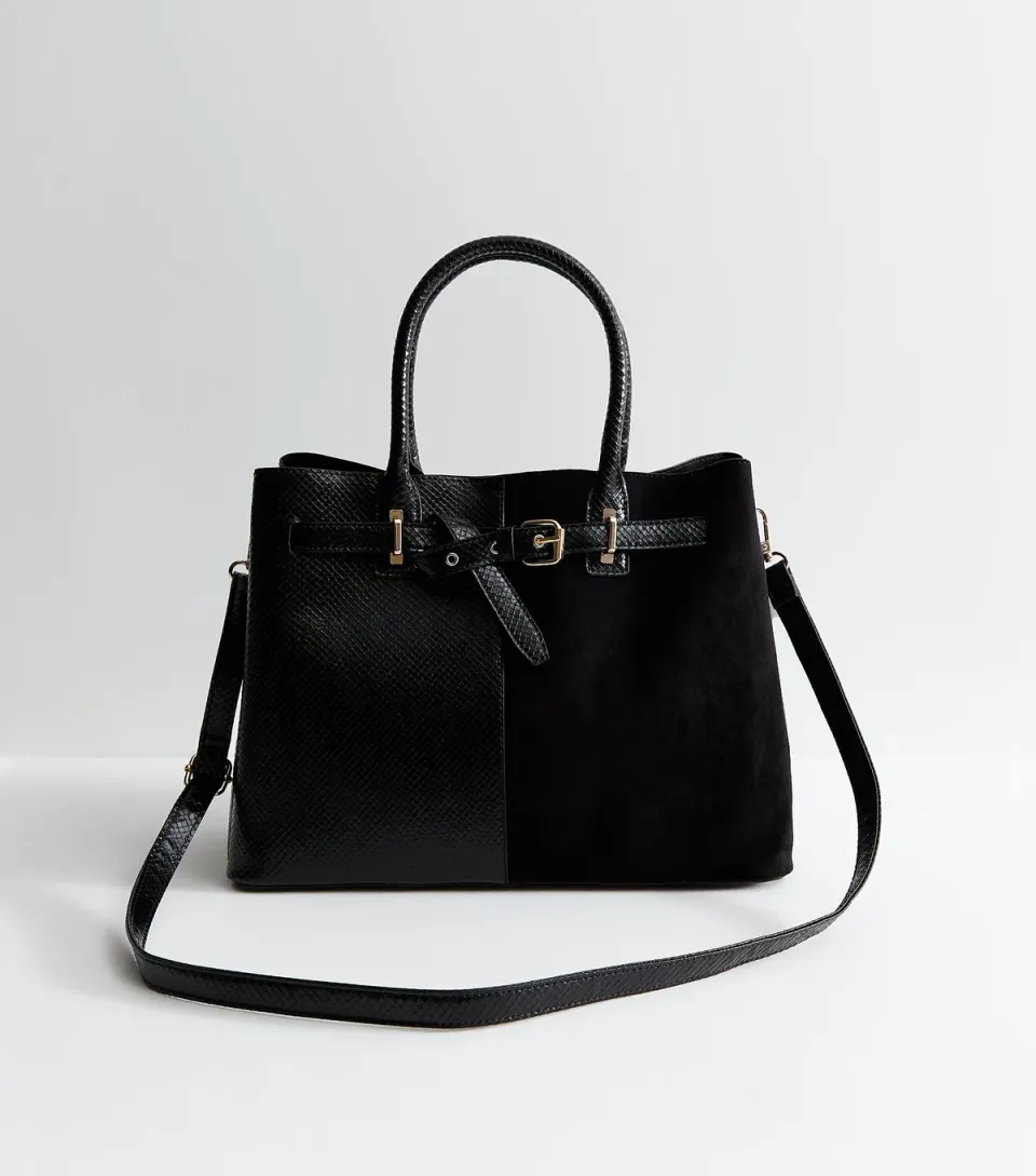 Black Snake Embossed Faux Leather Belted Tote Bag Vegan