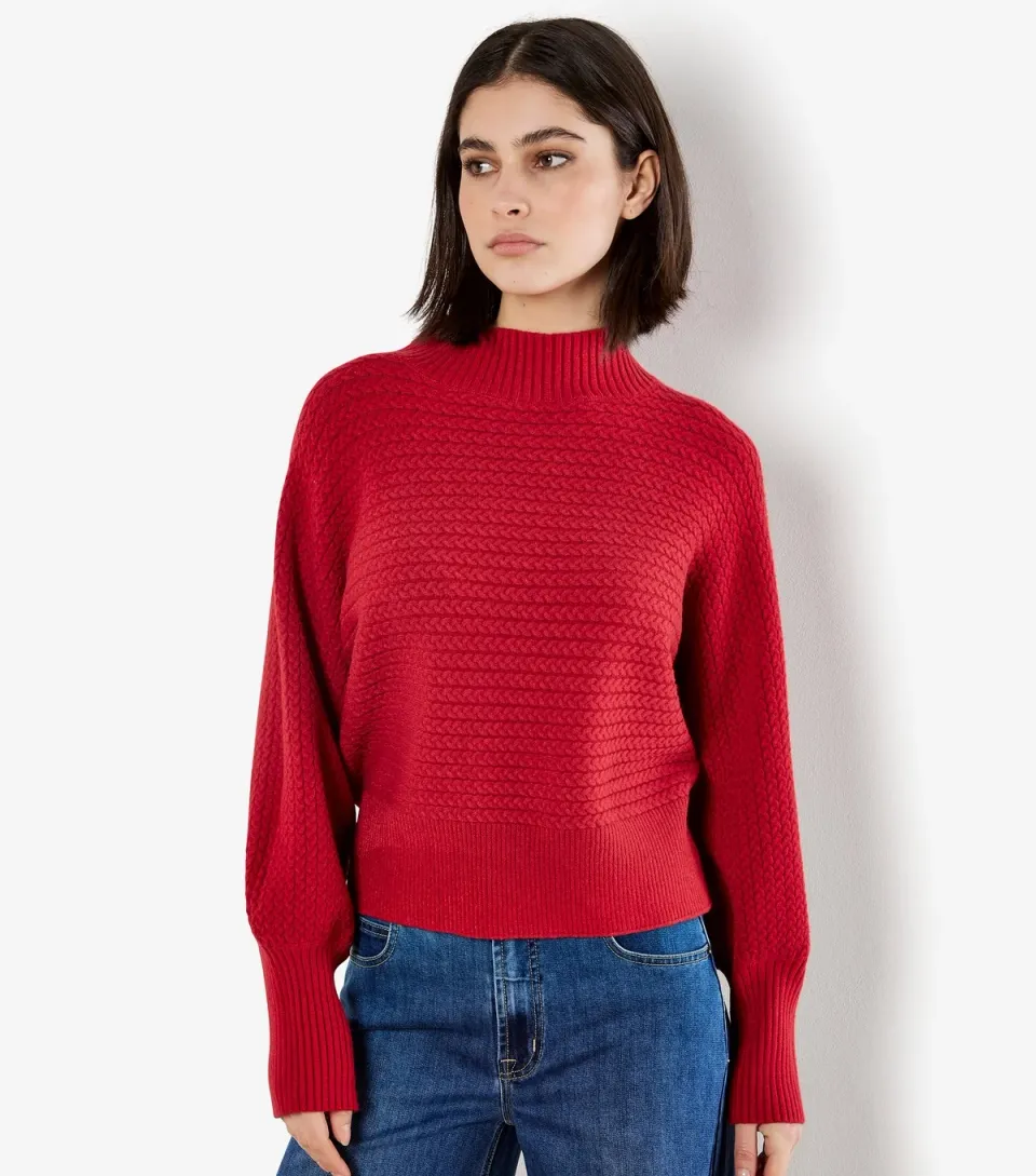 Women's Red High Neck Batwing Sleeve Jumper