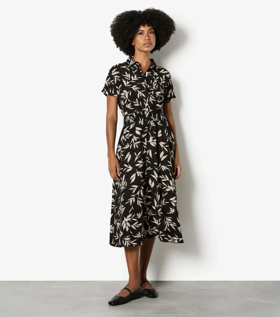 Women's Black Leaf Shirt Midi Dress