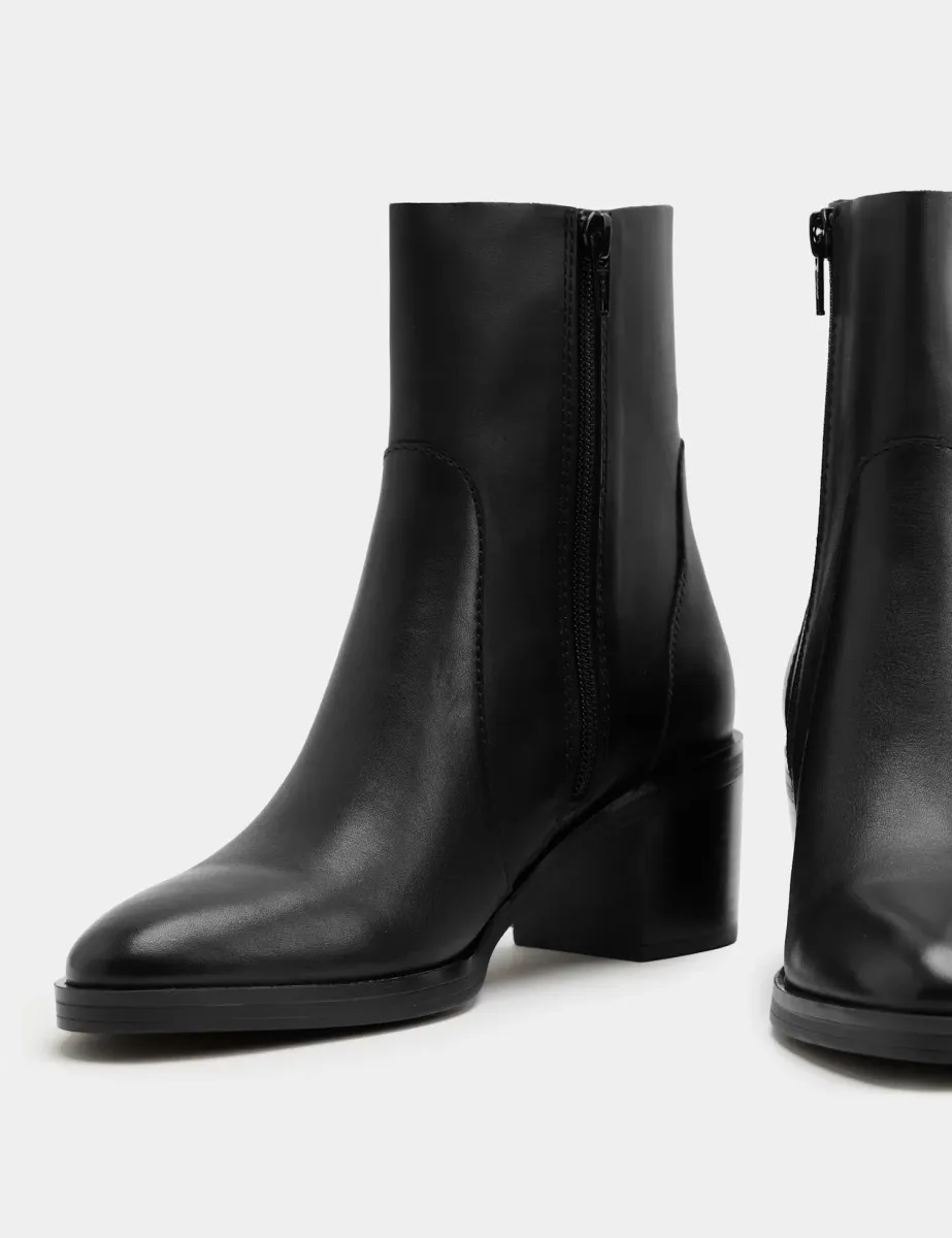 Leather Block Heel Ankle Boots Black