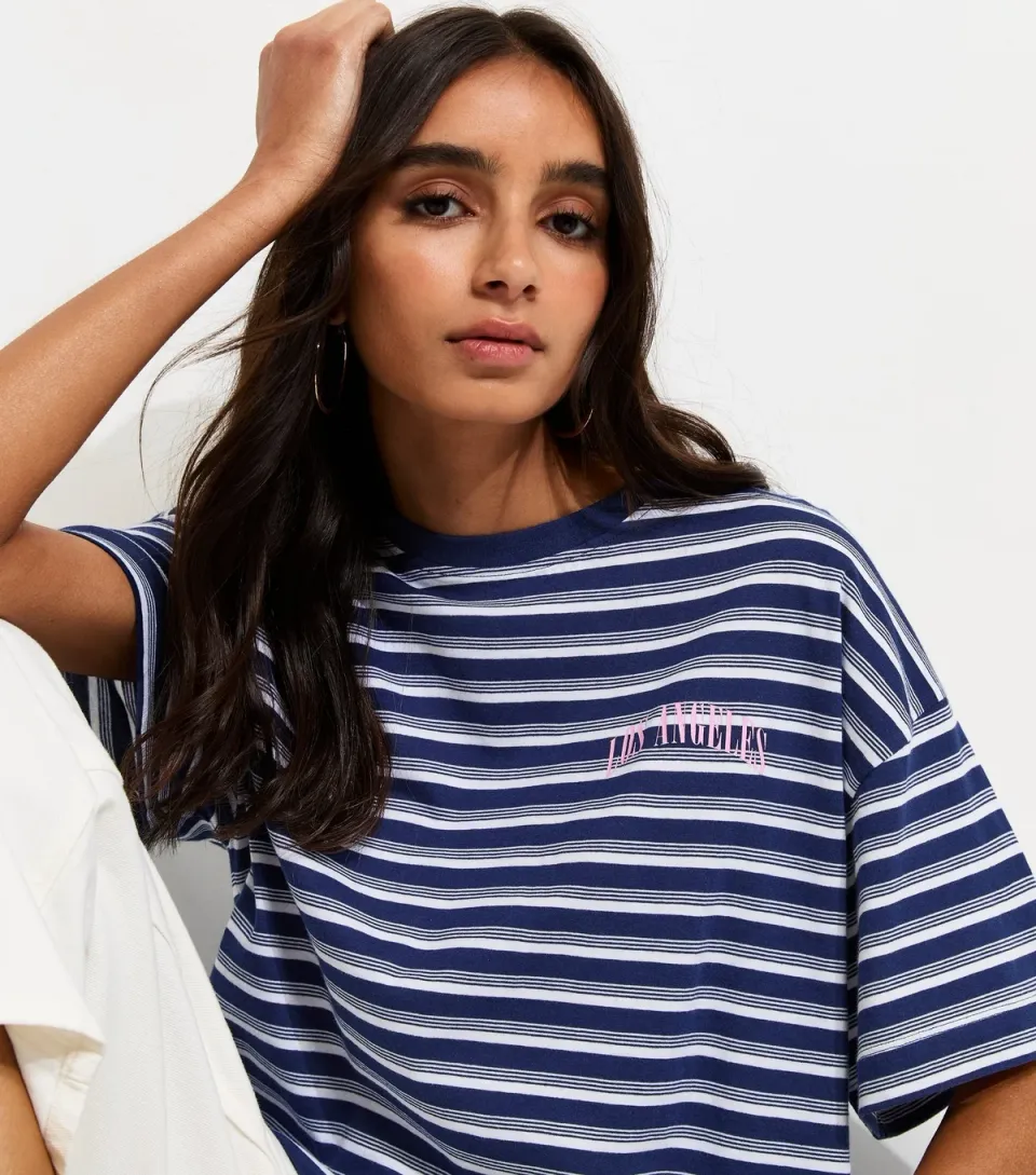 Women's Blue Cotton Striped Los Angeles Logo Oversized T-Shirt