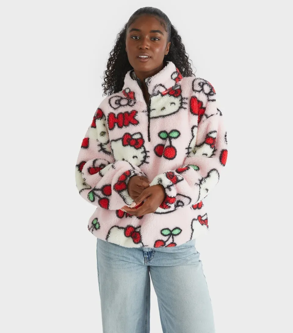 Women's Pink Hello Kitty Cherry Pattern Longline Fleece