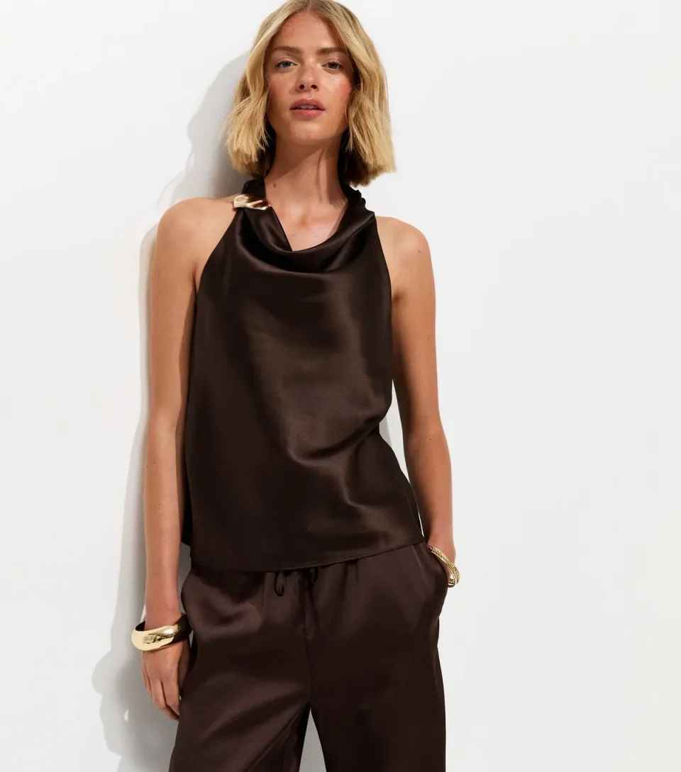Women's Dark Brown Hardware Detail Satin Cowl Neck Top
