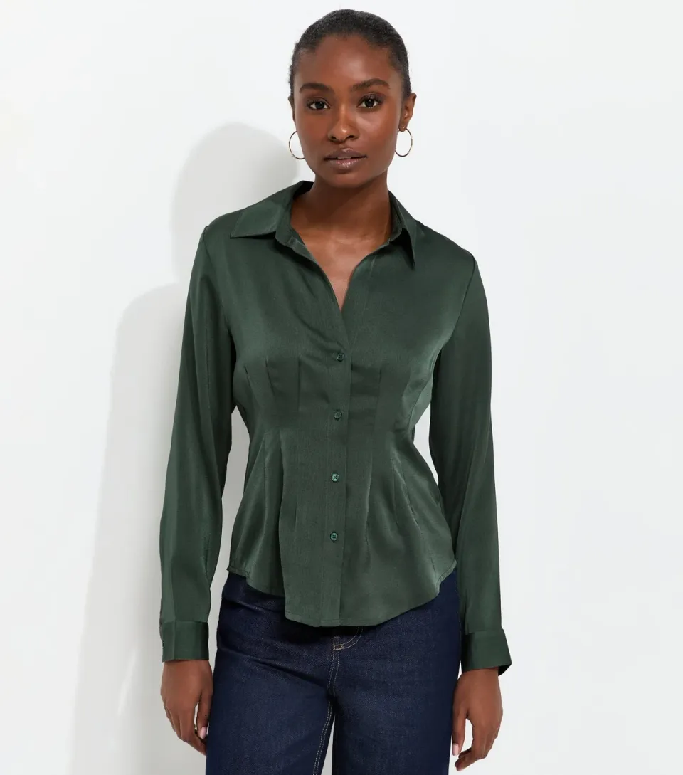 Women's Dark Green Satin Pleated Waist Shirt