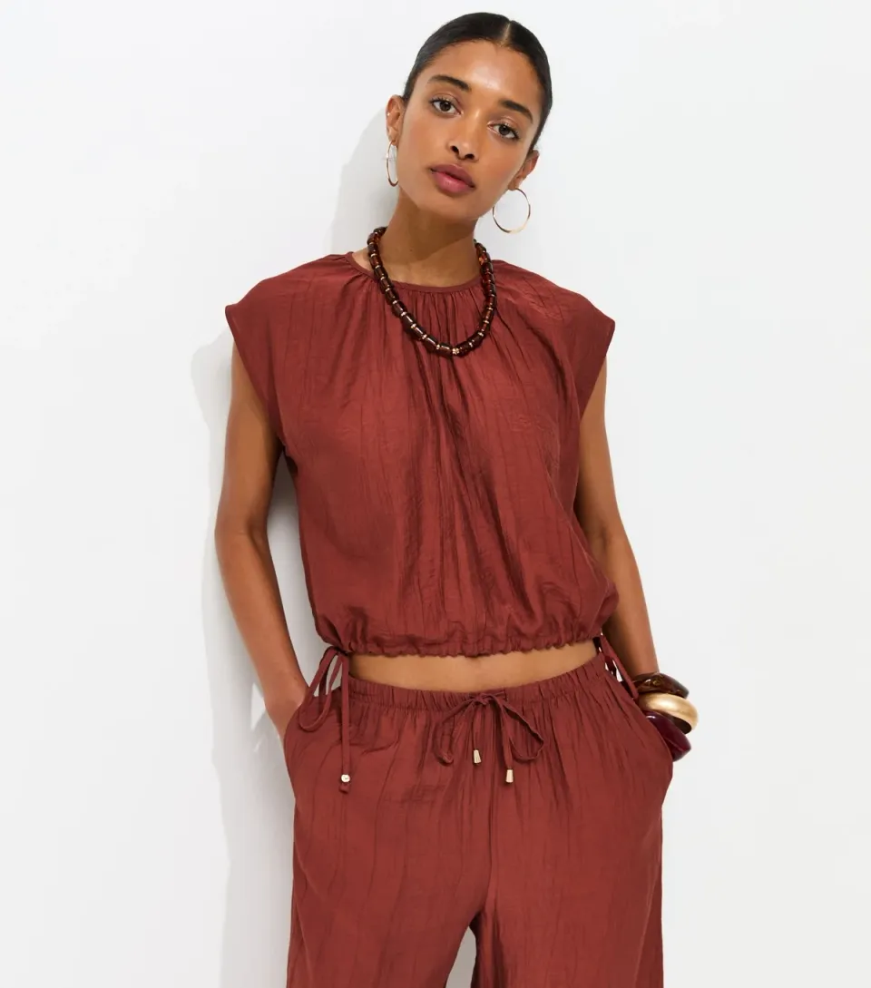 Women's Rust Crinkle Texture Cap Sleeve Bubble Hem Top