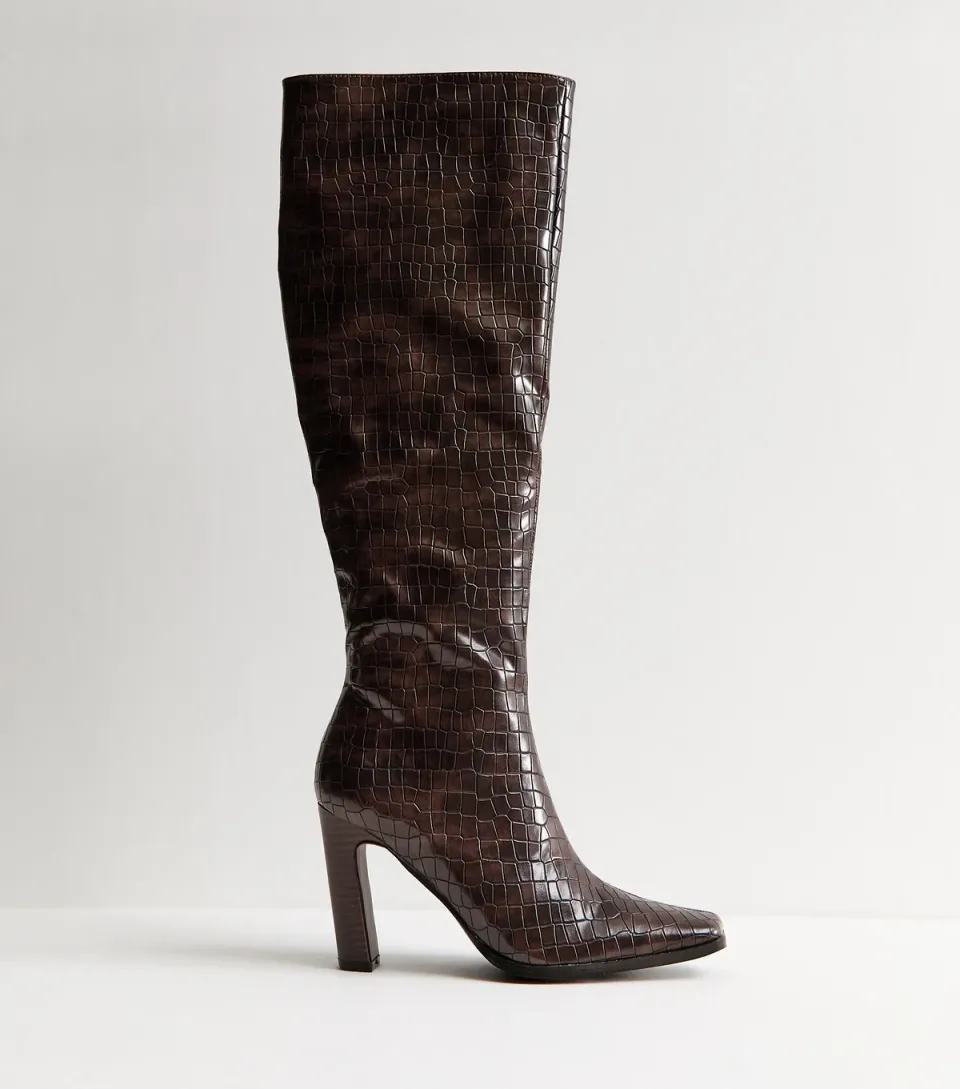 Women's Brown Acquilla Faux Croc Knee High Boots