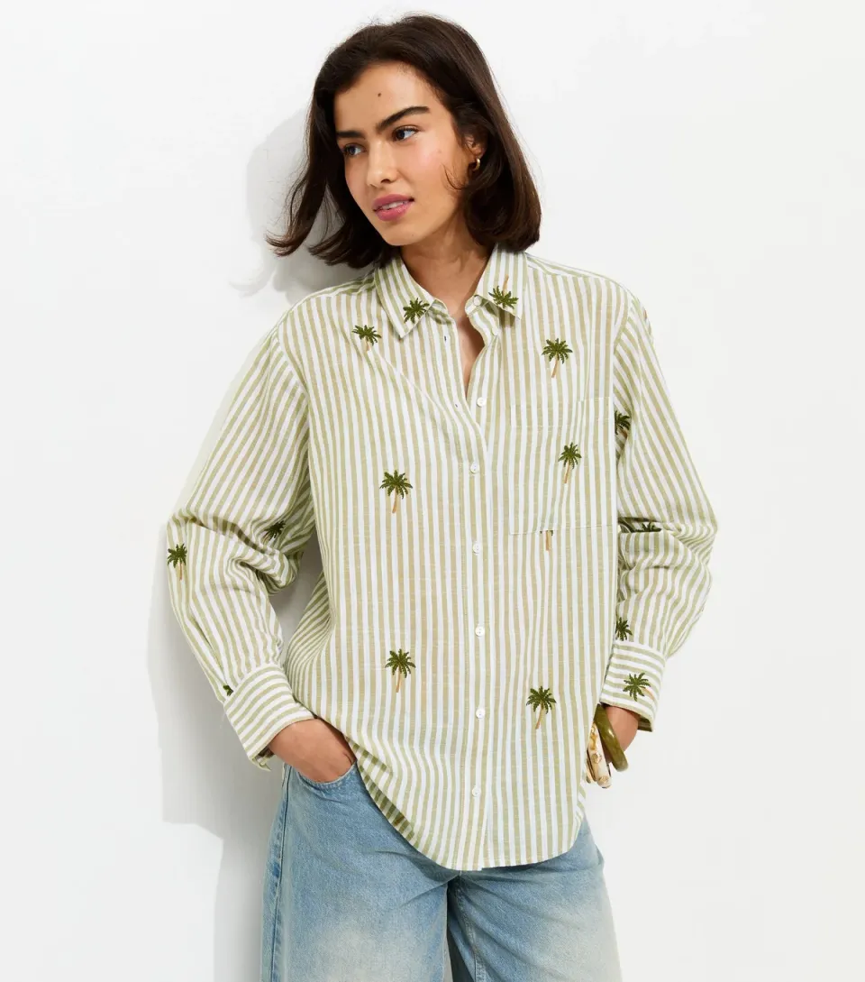 Women's Green Striped Palm Tree Embroidered Shirt