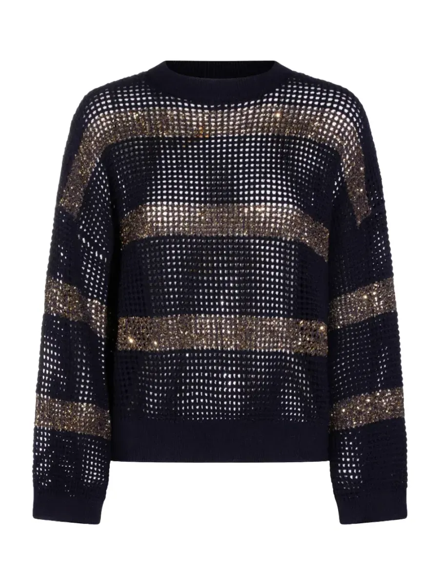 Sequin-Embellished Open-Knit Sweater Navy