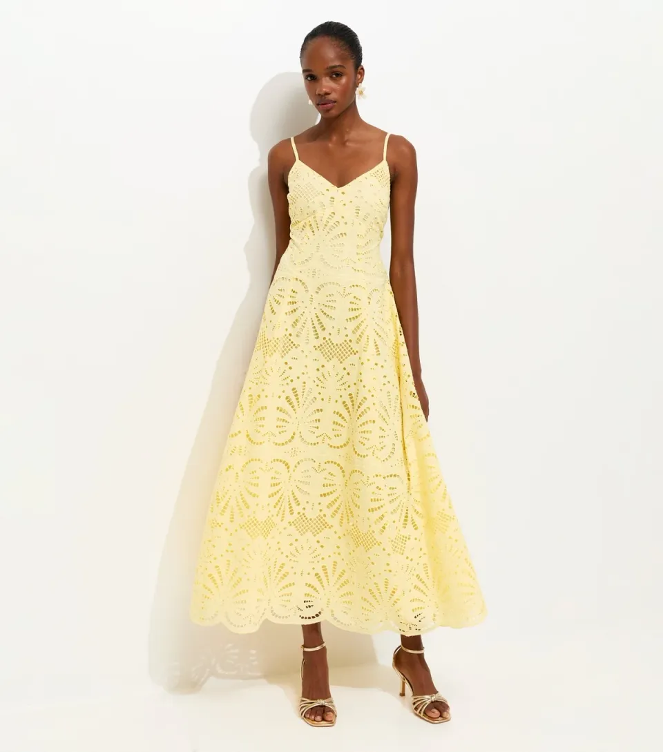 Women's Yellow Cutwork Strappy Midi Dress