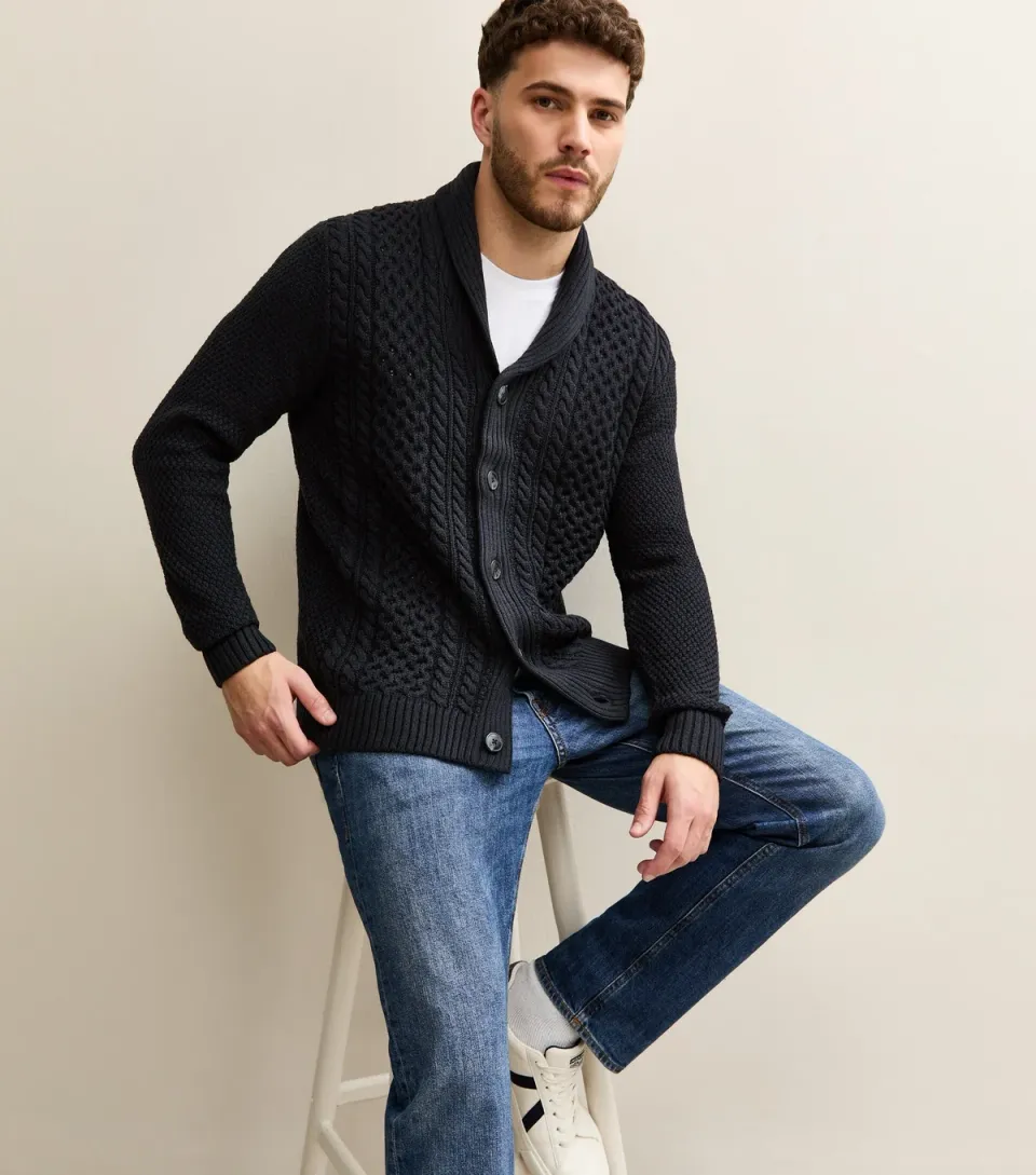Men's Navy Regular Cable Knit Cardigan