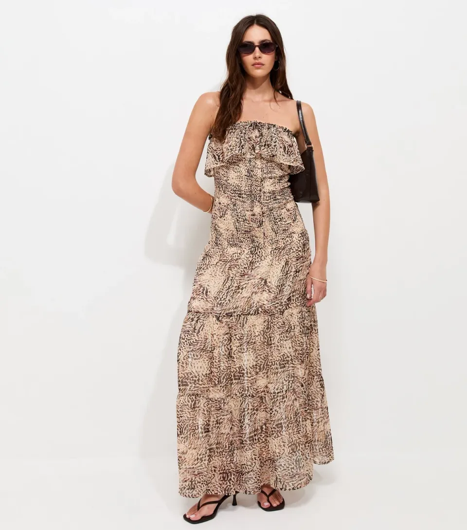 Women's Brown Metallic Leopard Print Halterneck Midi Dress