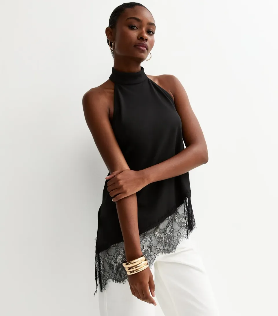 Women's Black Halter Neck Longline Asymmetric Hem Top
